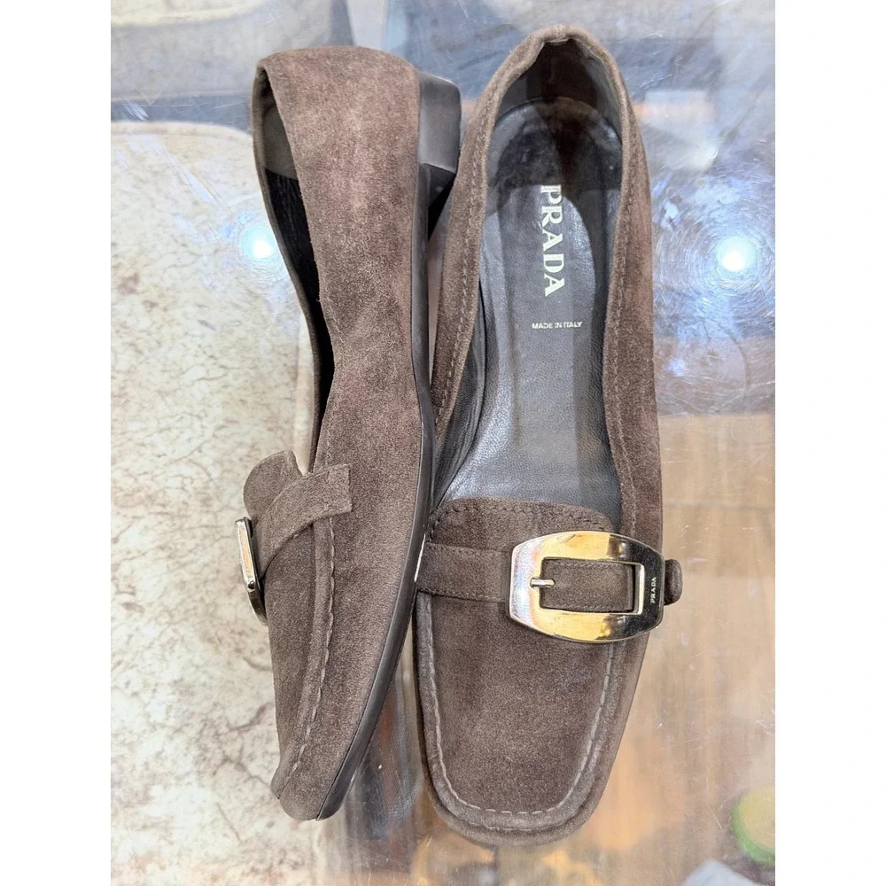 Prada Brown Suede Buckle Loafers Square Toe Flats Made in Italy Size 39 EU